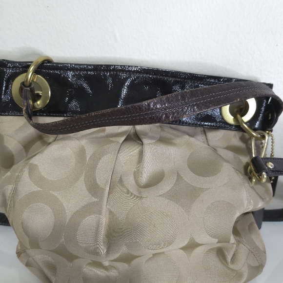 COACH Brown Tan Printed Canvas Patent Leather Top Handle Shoulder Tote Bag - Picture 8 of 16